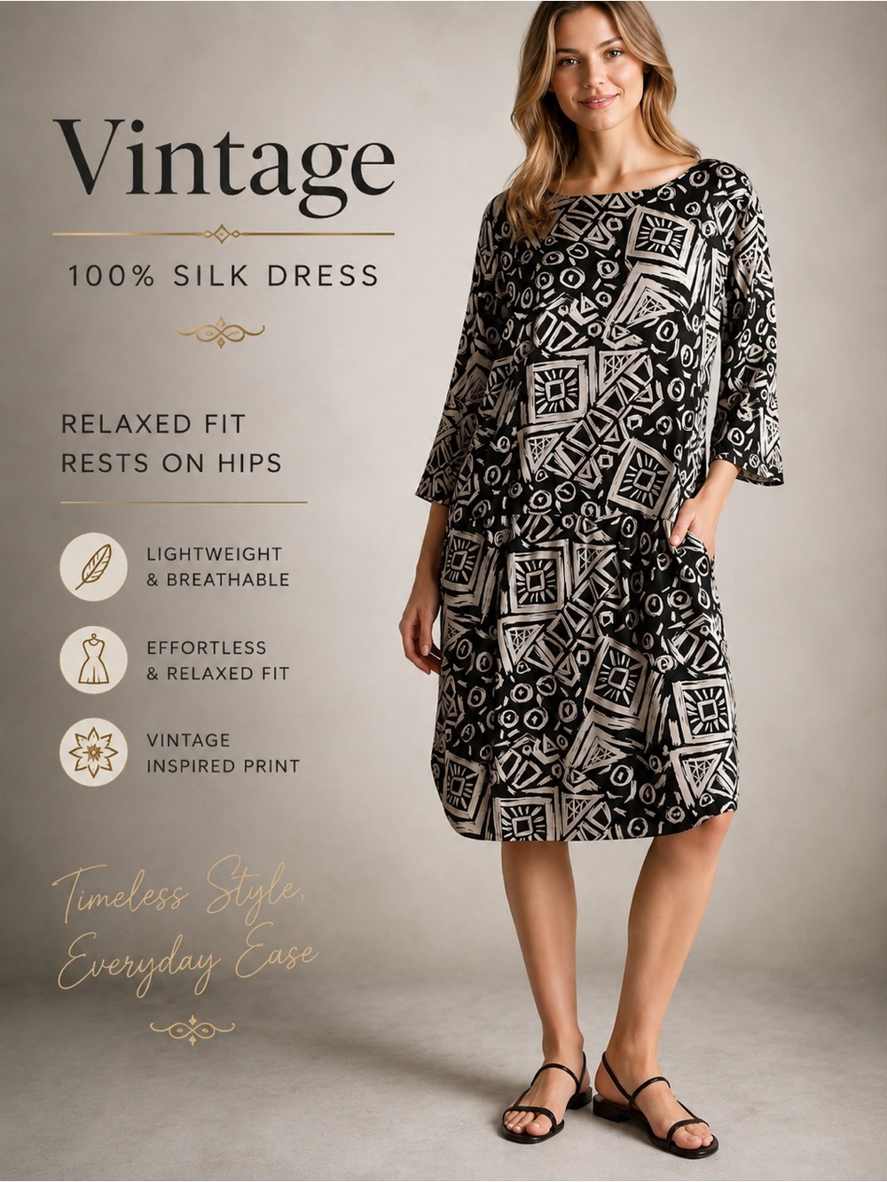 Mary Jo Bruno Women's Vintage 100% Silk Dark Gray Retro Abstract Sheath Dress